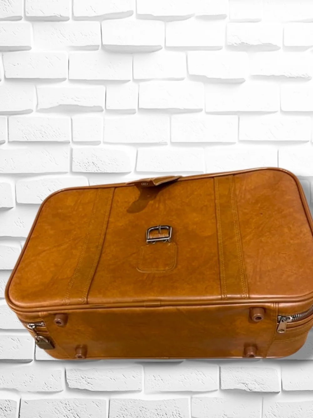 Vintage 1970s World Traveler Caramel Brown Faux Leather Carry-On Suitcase -